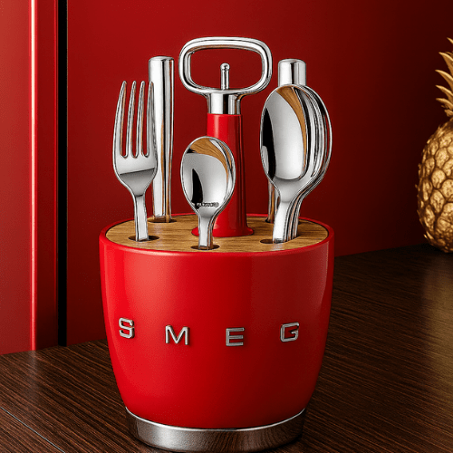 SMEG - Set for 6 person Retro Stainless Steel Cutlery Holder for Kitchen with Knife,Fork,Spoon Red. - BusDeals