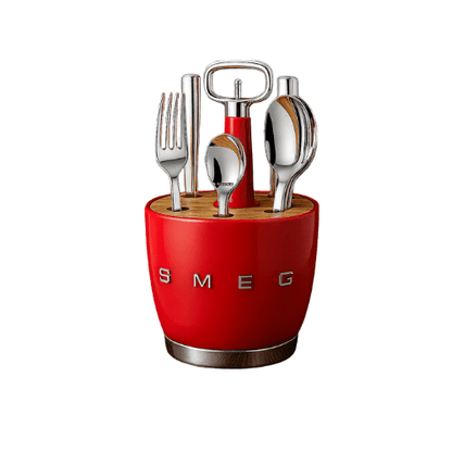 SMEG - Set for 6 person Retro Stainless Steel Cutlery Holder for Kitchen with Knife,Fork,Spoon Red. - BusDeals