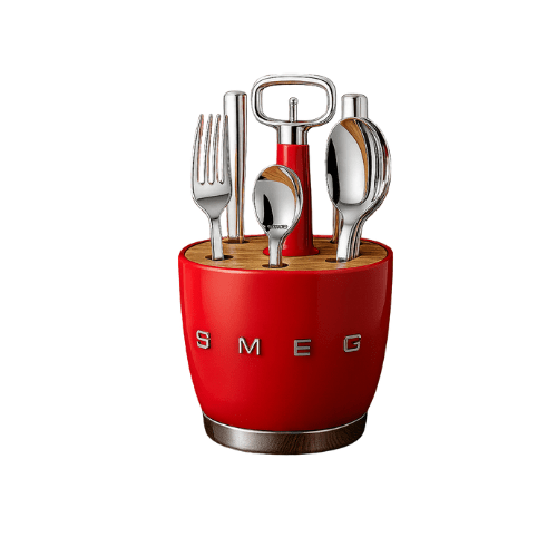 SMEG - Set for 6 person Retro Stainless Steel Cutlery Holder for Kitchen with Knife,Fork,Spoon Red. - BusDeals