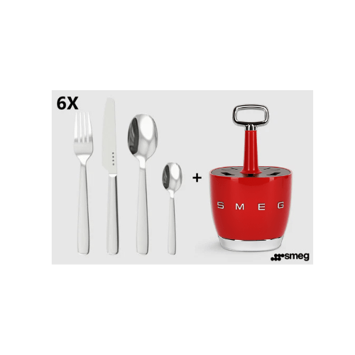 SMEG - Set for 6 person Retro Stainless Steel Cutlery Holder for Kitchen with Knife,Fork,Spoon Red. - BusDeals