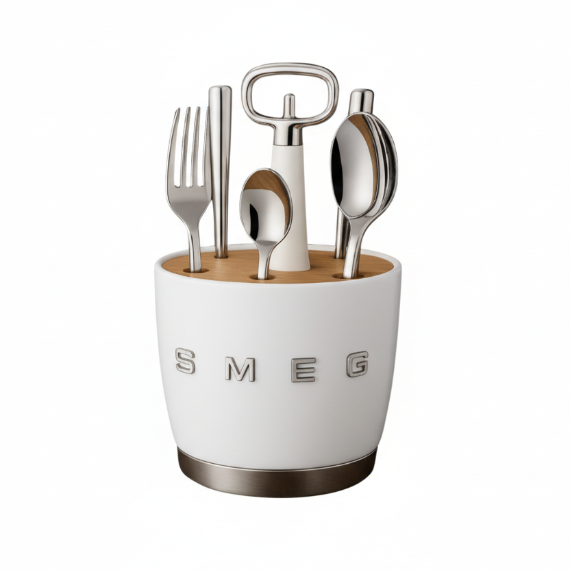 SMEG - Set for 6 person Retro Stainless Steel Cutlery Holder for Kitchen with Knife,Fork,Spoon White. - BusDeals