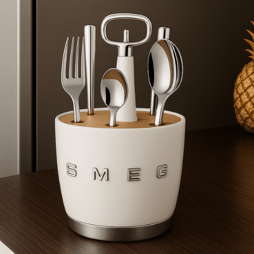 SMEG - Set for 6 person Retro Stainless Steel Cutlery Holder for Kitchen with Knife,Fork,Spoon White. - BusDeals