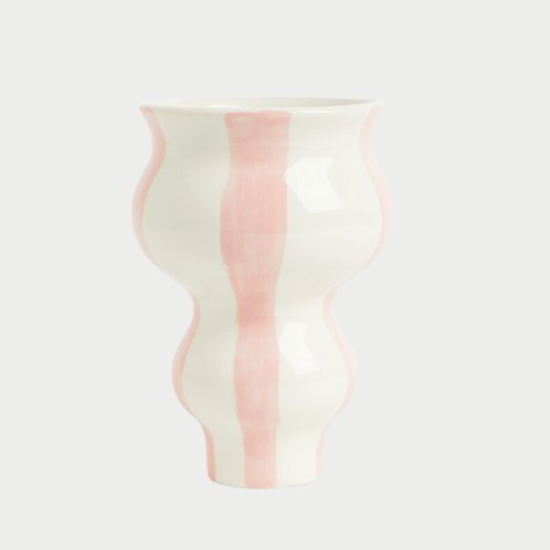 Striped stoneware vase, white with pink. - BusDeals