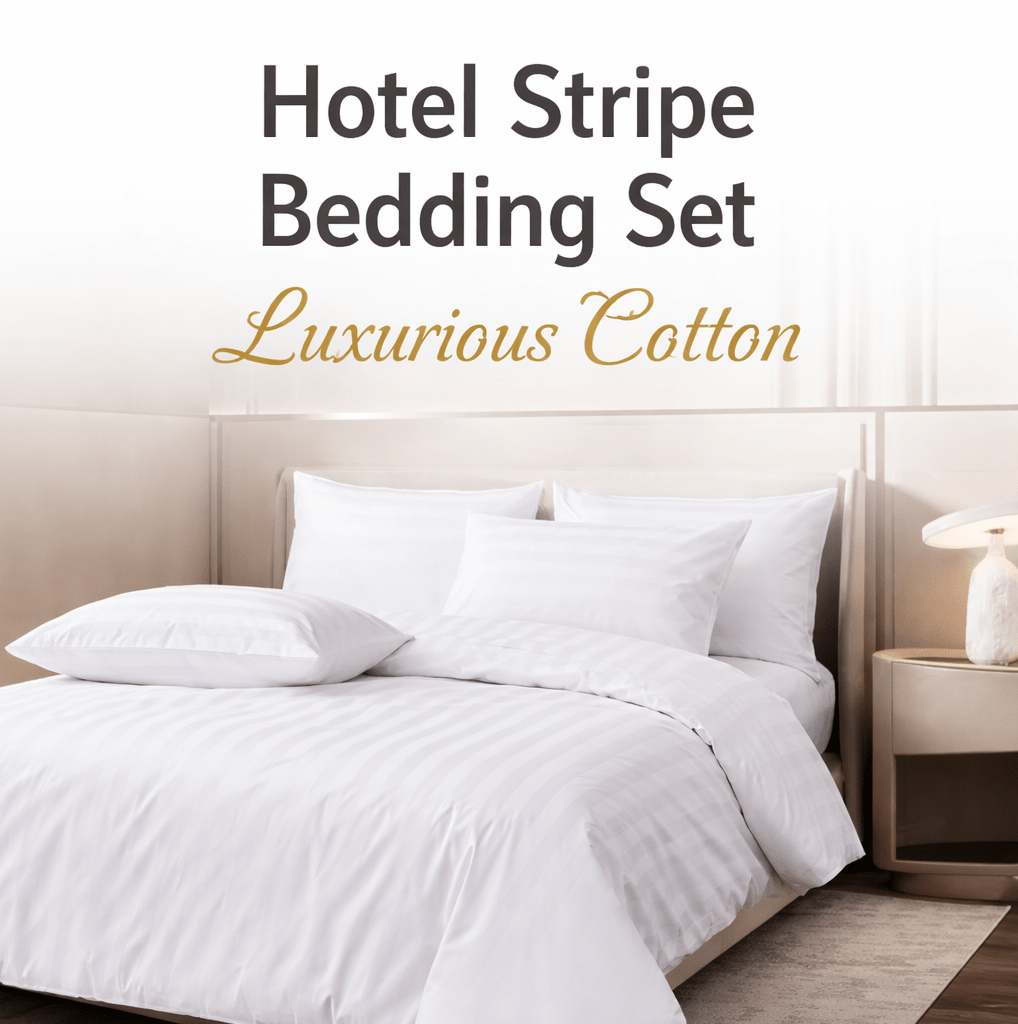 Stripped Cotton 100% King size 6 pieces, Plain white bedding set. - BusDeals