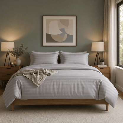 Stripped King Size 6 Pieces. Soft Embossed Striped Design, Plain grey duvet cover set - BusDeals