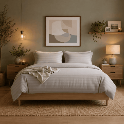 Stripped King Size 6 Pieces. Soft Embossed Striped Design, Plain grey duvet cover set - BusDeals