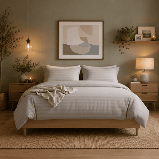 Stripped King Size 6 Pieces. Soft Embossed Striped Design, Plain grey duvet cover set - BusDeals