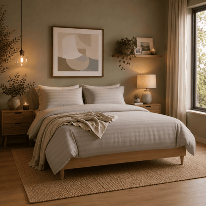 Stripped King Size 6 Pieces. Soft Embossed Striped Design, Plain grey duvet cover set - BusDeals