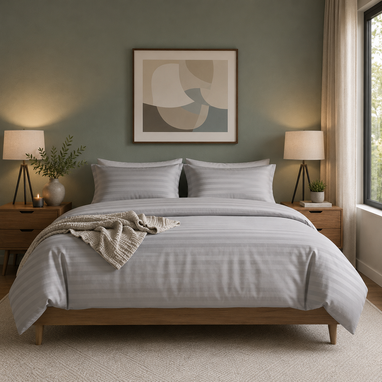 Neatly made bed in a bedroom with abstract art on the wall and two lamps.