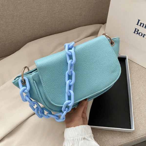 Stylish Blue Chain Shoulder Bag Made of PU Leather. - BusDeals