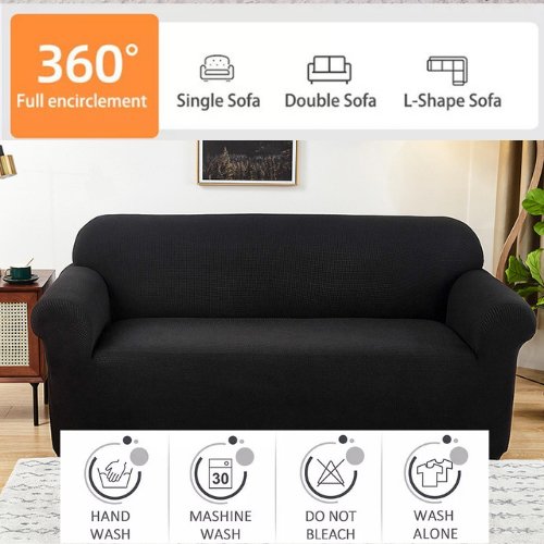 Three Seater Sofa Cover, Slipcover Elastic Sectional Couch, Solid Black Color Jacquard Fabric. Soft Comfortable and Breathable. - BusDeals
