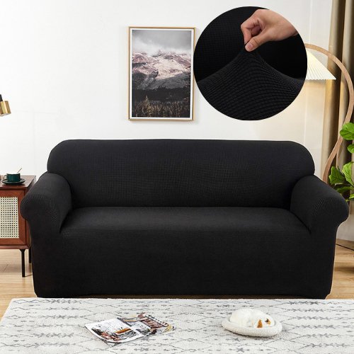 Three Seater Sofa Cover, Slipcover Elastic Sectional Couch, Solid Black Color Jacquard Fabric. Soft Comfortable and Breathable. - BusDeals
