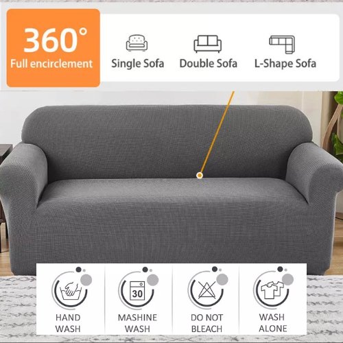 Three Seater Sofa Cover, Slipcover Elastic Sectional Couch, Solid Still Grey Color Jacquard fabric. Soft Comfortable and Breathable. - BusDeals