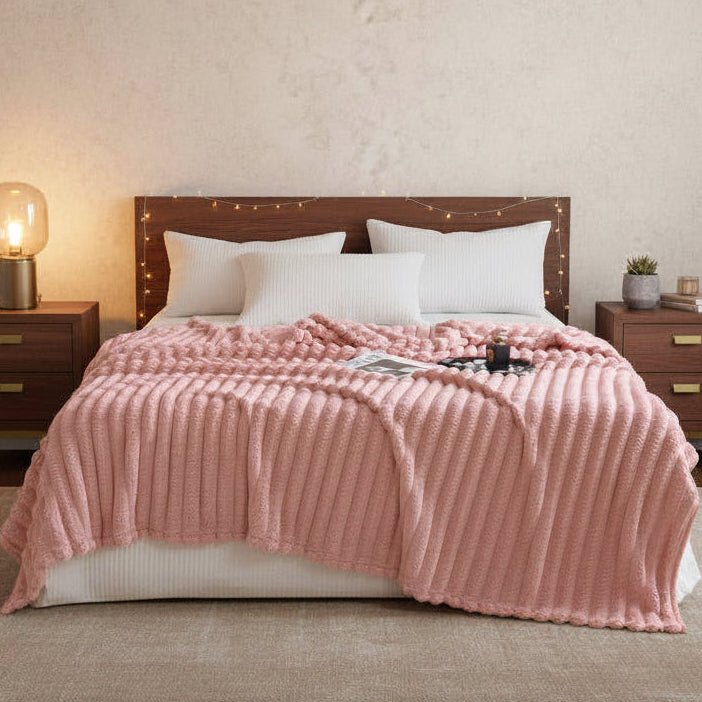 Throw Striped Blanket Super Soft 200X230cm, Pink. - BusDeals