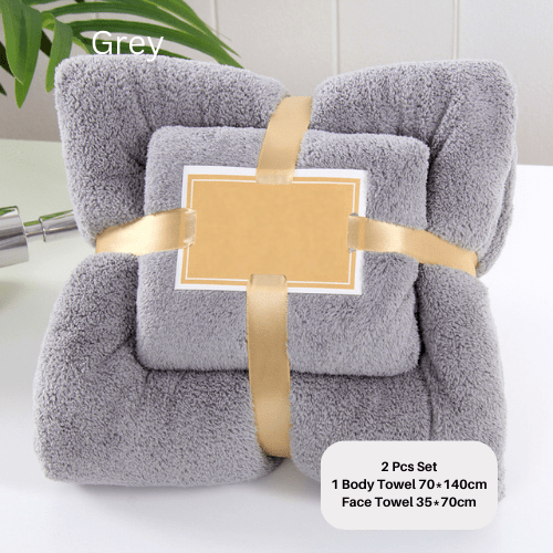 Towel Set of 2 Pcs, Solid Absorbent Microfiber , Grey color. - BusDeals