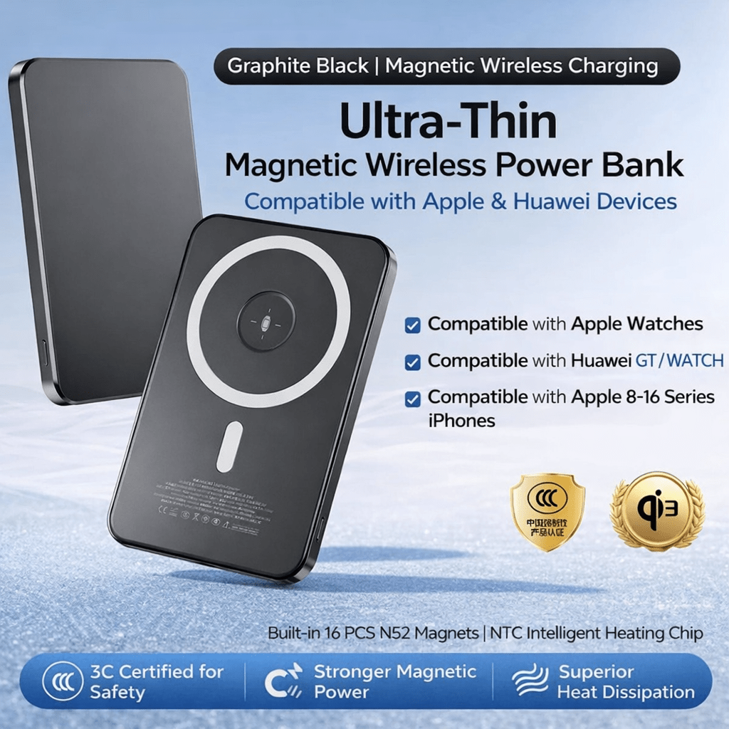 Ultra - Thin Magsafe Wireless Power Bank, Fast Magnetic Charging, 20W Portable Charger Battery, 15W PD USB - C charging, 20000mAh. Ideal for iPhone Pro Max & Plus 17/16/15/14, Apple watch, ear pot. Compatible Galaxy S24/S25 - BusDeals
