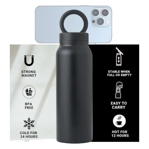 Water Bottle + Free Magnetic Booster Ring,Stainless Steel Hydration Bottle w/ Integrated MagSafe Phone Mount, 12Hrs Hot/24Hrs Cold, BPA - Free, Works w/ All Devices Android & iOS - Stainless 800ML(BLACK). - BusDeals
