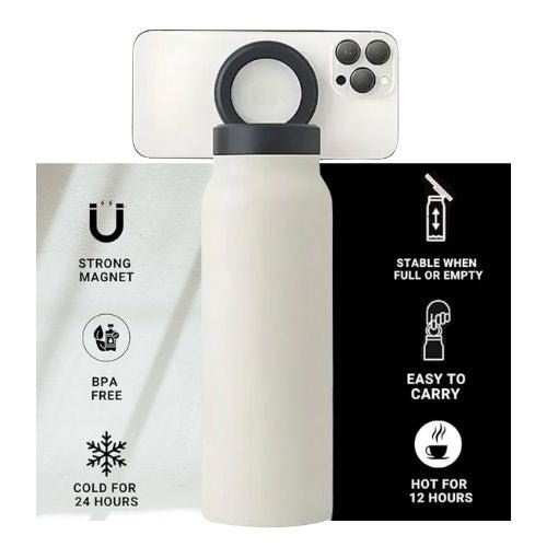 Water Bottle + Free Magnetic Booster Ring,Stainless Steel Hydration Bottle w/ Integrated MagSafe Phone Mount, 12Hrs Hot/24Hrs Cold, BPA - Free, Works w/ All Devices Android & iOS - Stainless 800ML(CREAM). - BusDeals