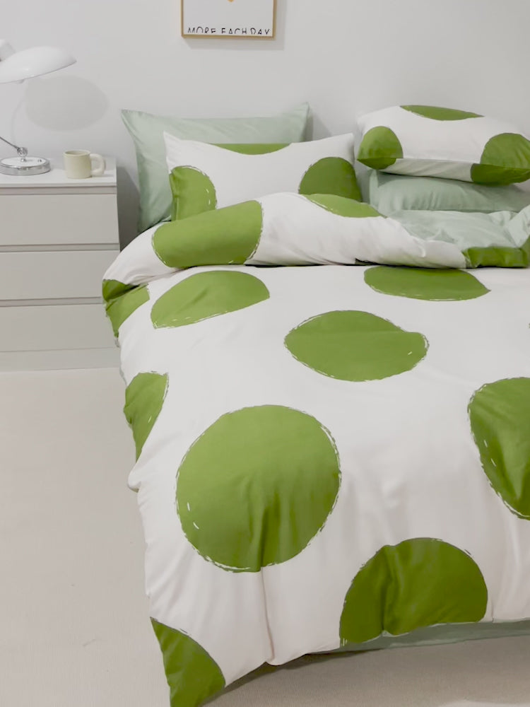 Single size bedding set 4 pieces without filler, Green Color Dots design, Busdeals Today