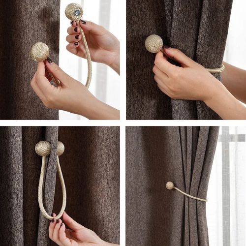 1 Pair Magnetic Curtain Tiebacks, Golden Color, Tie Rope Accessory Backs Holdbacks Buckle Clips Hook Holder Home Decor. - BusDeals