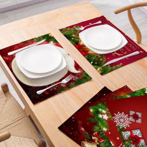 1 Piece christmas placemat water proof linen, Gold Ribbon design red color - BusDeals