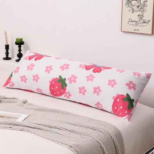 1 Piece Long Body Pillow Case, Pink Strawberry and Cute Flower Design, BusDeals Today