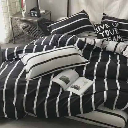 King size bedding set of 6 pieces, Black & White Stripes design.