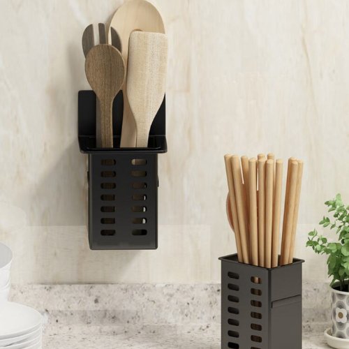 1pc Black Color Wall-Mounted Storage Basket Multi-Functional Kitchen Shelf, Without Drilling For Storage. - BusDeals
