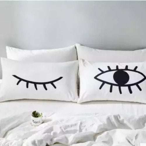2 Pieces Set Premium Soft Quality Pillow Covers Eye Design Plain White Color - BusDeals