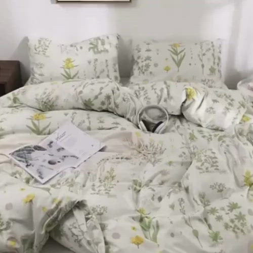 Queen/Double size bedding set of 6 pieces, Green Leaves Print Design. - BusDeals Today