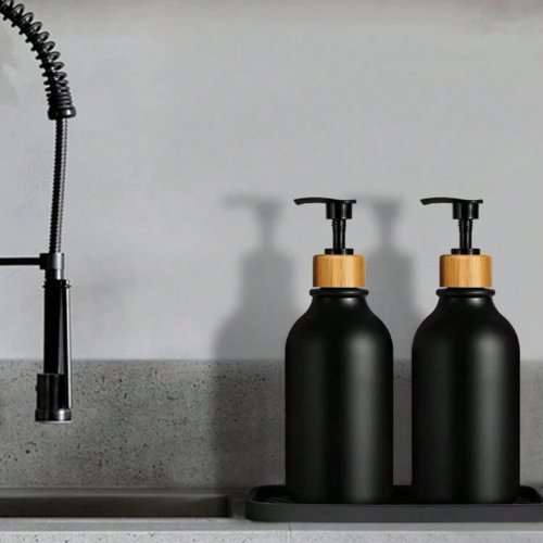 2pc Set, Black Soap Dispenser, For Bathroom & Kitchen, Includes Bamboo Pump, 500 ml Plastic Soap Dispenser Bottle. - BusDeals