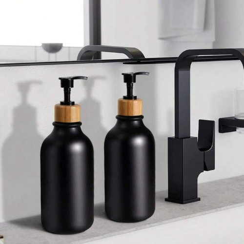 2pc Set, Black Soap Dispenser, For Bathroom & Kitchen, Includes Bamboo Pump, 500 ml Plastic Soap Dispenser Bottle. - BusDeals