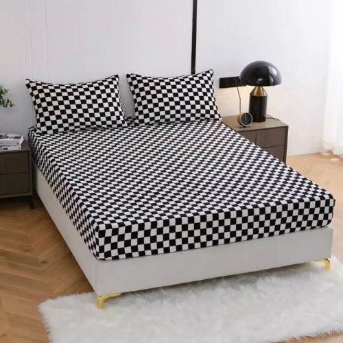 3 Pieces Bedsheet Set King Size, Black Color Checkered Design, BusDeals Today