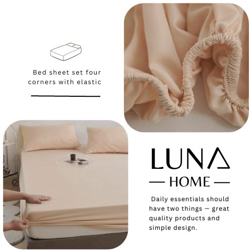 3 Pieces Fitted Bedsheet Set, Plain Beige Color, Various Sizes, BusDeals Today