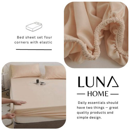 3 Pieces Fitted Bedsheet Set, Plain Beige Color, Various Sizes, BusDeals Today