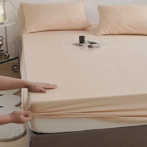 3 Pieces Fitted Bedsheet Set, Plain Beige Color, Various Sizes, BusDeals Today