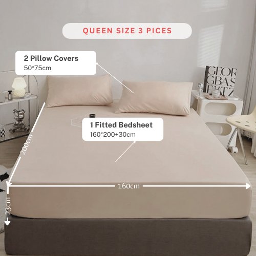 3 Pieces Fitted Bedsheet Set, Plain Beige Color, Various Sizes - BusDeals