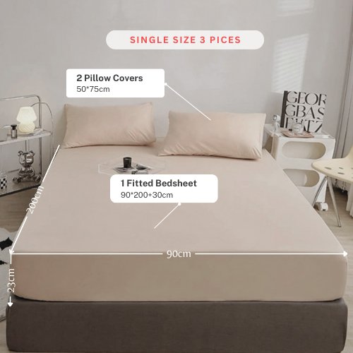 3 Pieces Fitted Bedsheet Set, Plain Beige Color, Various Sizes - BusDeals