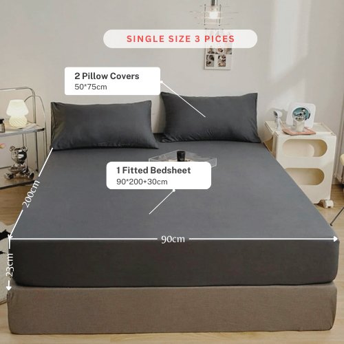 3 Pieces Fitted Bedsheet Set, Plain Black Color, Various Sizes - BusDeals