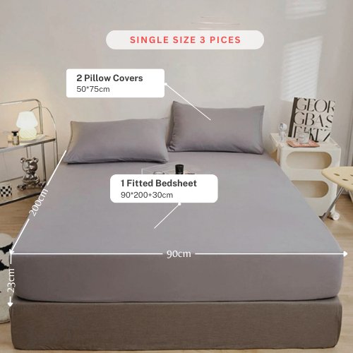 3 Pieces Fitted Bedsheet Set Plain Gray Color, Various Sizes - BusDeals