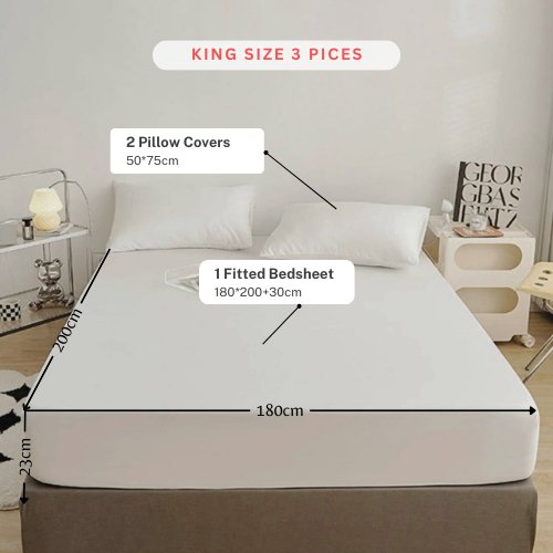 3 Pieces Fitted Bedsheet Set, Plain White Color, Various Sizes - BusDeals