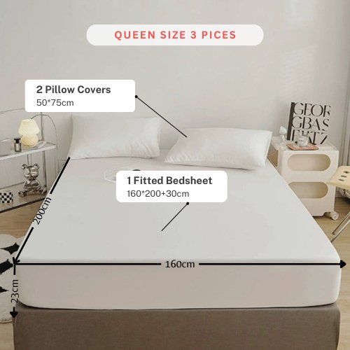 3 Pieces Fitted Bedsheet Set, Plain White Color, Various Sizes - BusDeals