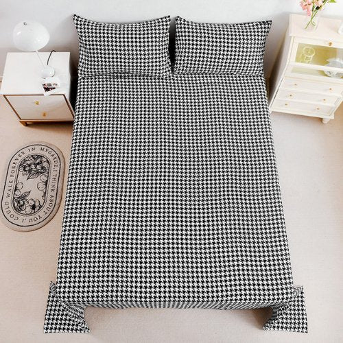3 Pieces bedsheet set, Black and White Color Houndstooth Design -BusDeals Today
