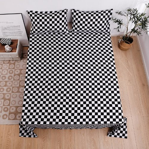 3 Pieces bedsheet set, Black Color Checkered Design	,Busdeals Today