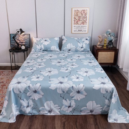 3 Pieces Flat bedsheet set, Flower design light blue color - BusDeals