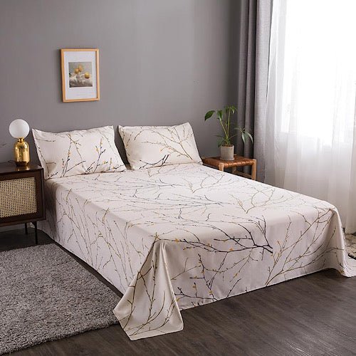 3 Pieces Flat Bedsheet Set, White Twig Design. - BusDeals