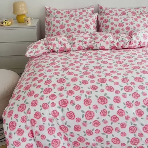 Deluxe Single Size 4 Pieces Soft Quality Korean Style, Duvet Cover Set Pink Rose, BusDeals Today