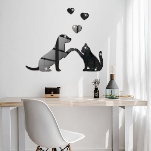 3D Wall mirror stickers dog and cat design home decor, Black color - BusDeals Today