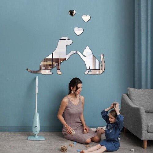 3D Wall mirror stickers dog and cat design home decor, Silver color - BusDeals Today