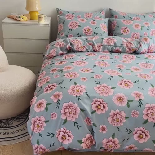 Deluxe King Size 6 Pieces Soft Quality Korean Style, Duvet Cover Set Blue Color with Pink Peonies, BusDeals Today